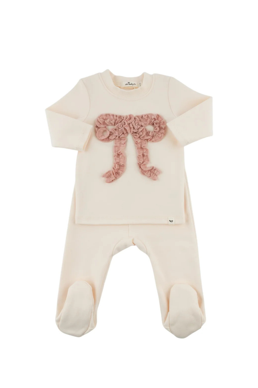 Blush Cable Ruffle Bow 2pc Footie Set
