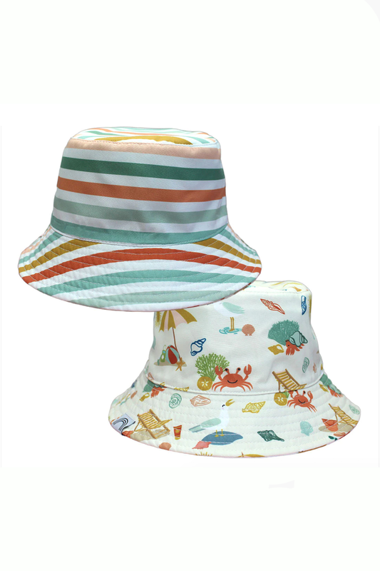 Beach Day and Coral Stripes Reversible Bucket Hat