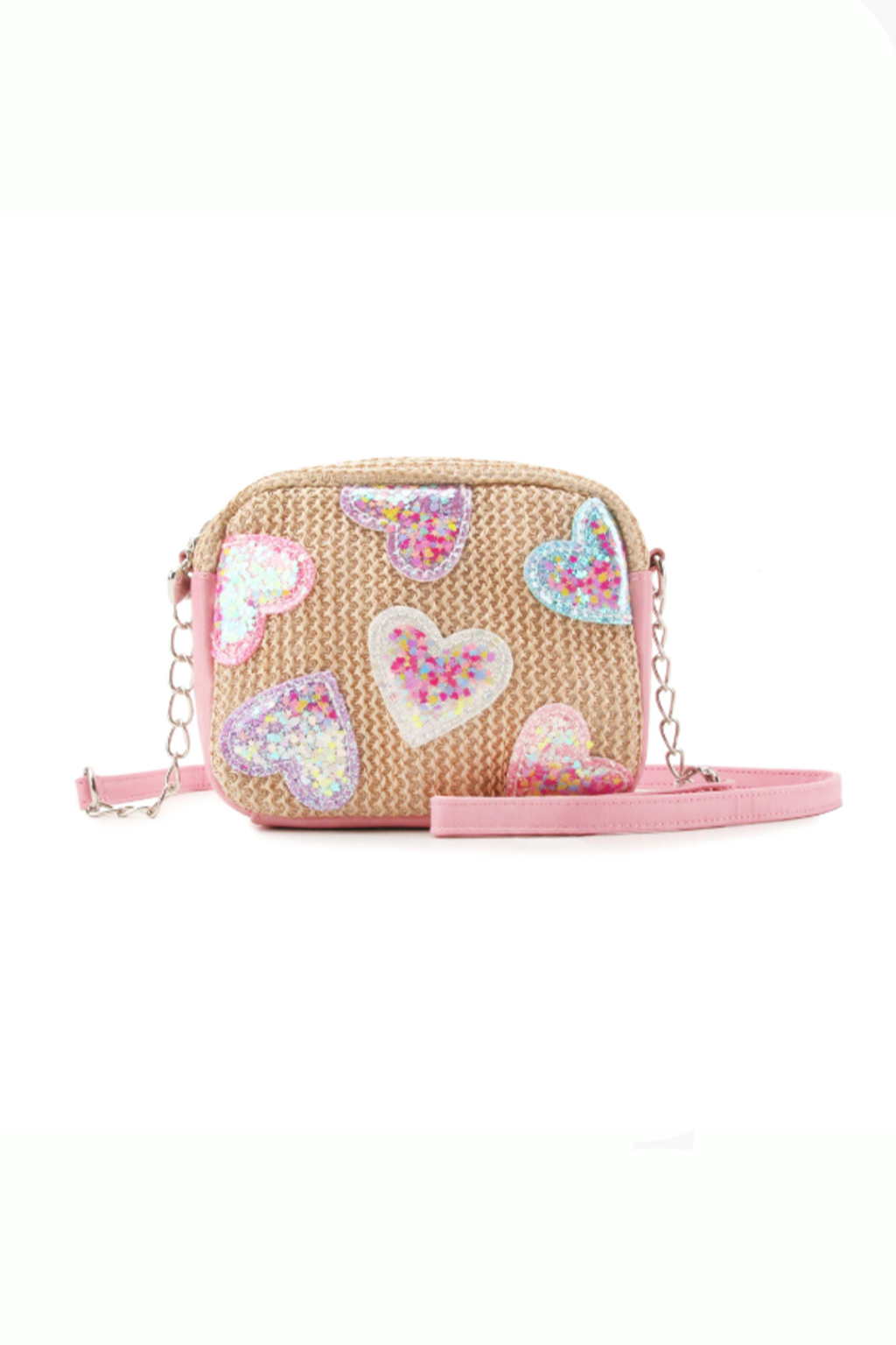 Confetti Heart Patched Straw Crossbody Bag