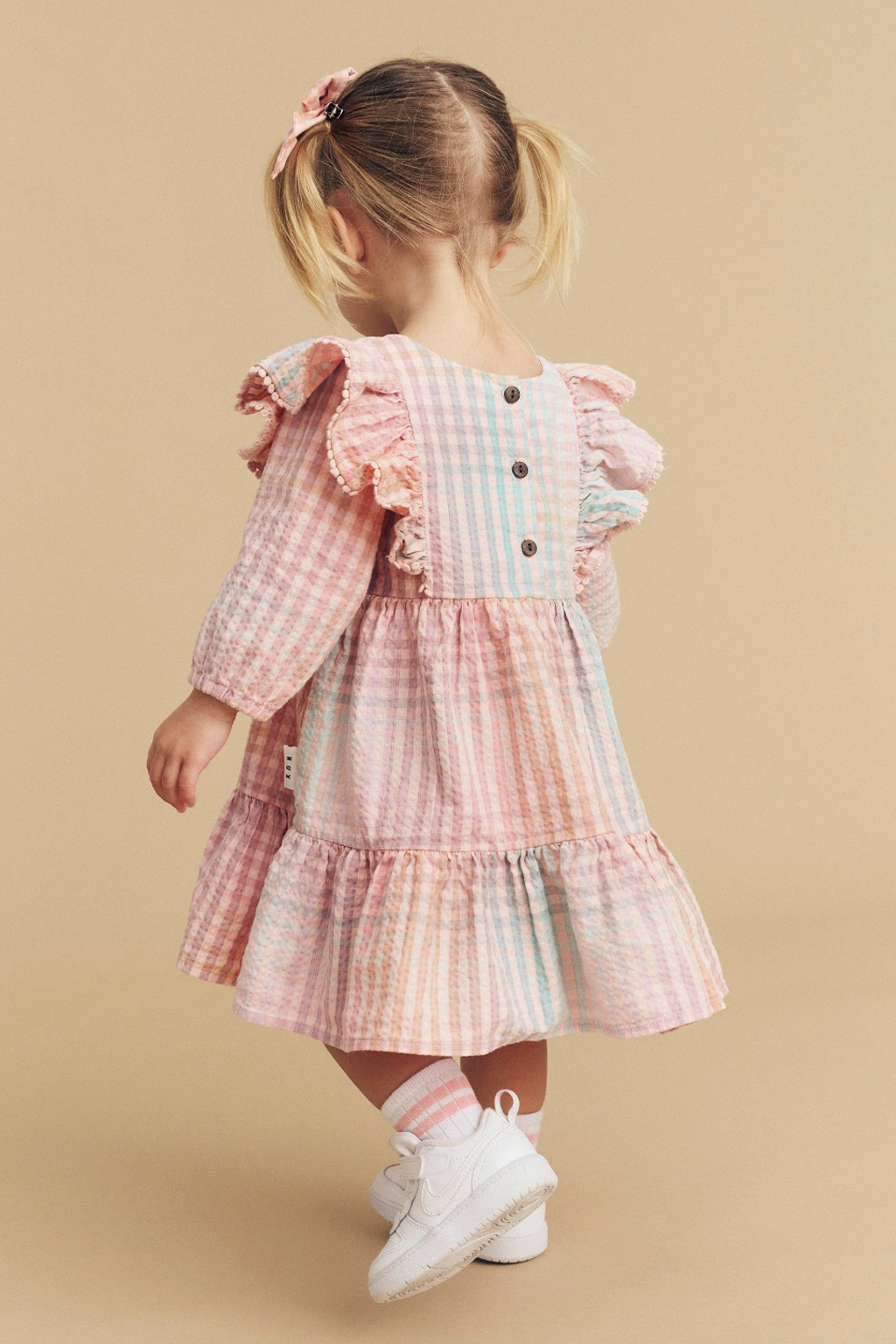 Rainbow Check Frill LS Dress