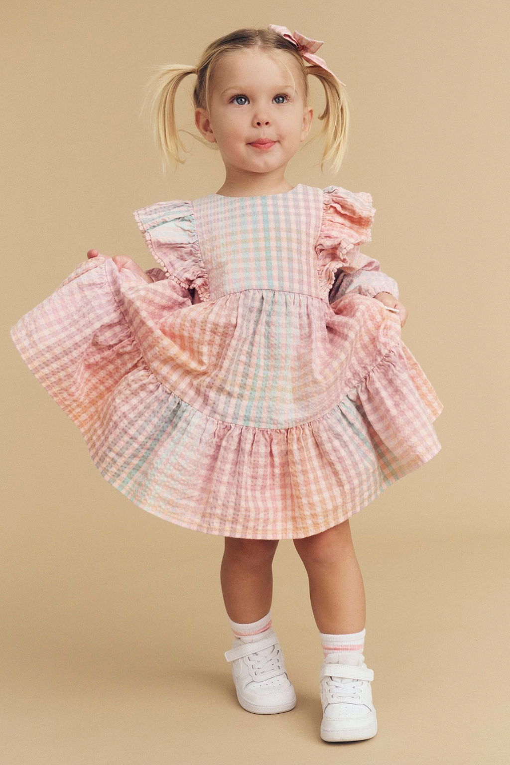 Rainbow Check Frill LS Dress