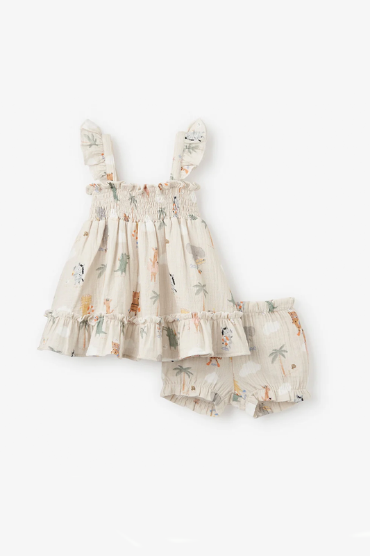 Seaside Safari Organic Muslin Smocked Sundress & Bloomers